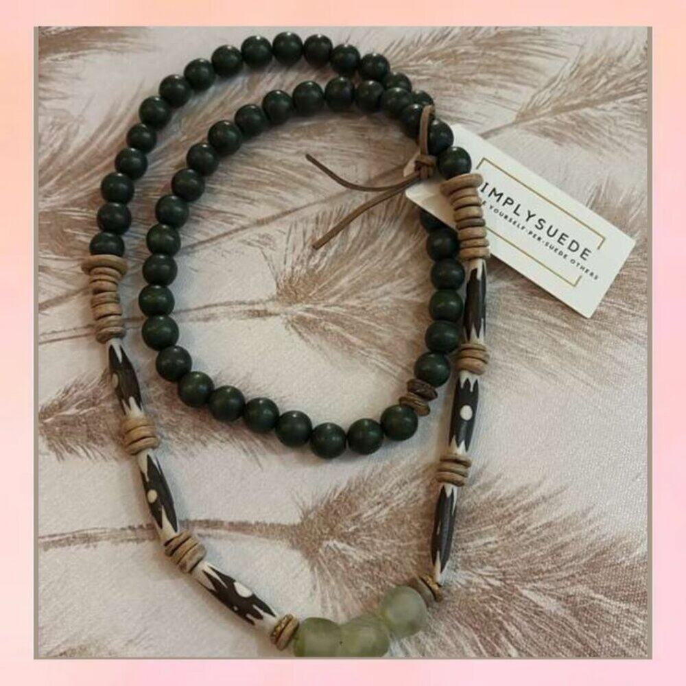 Boho Long Wood Glass Bead Necklace Green 34"